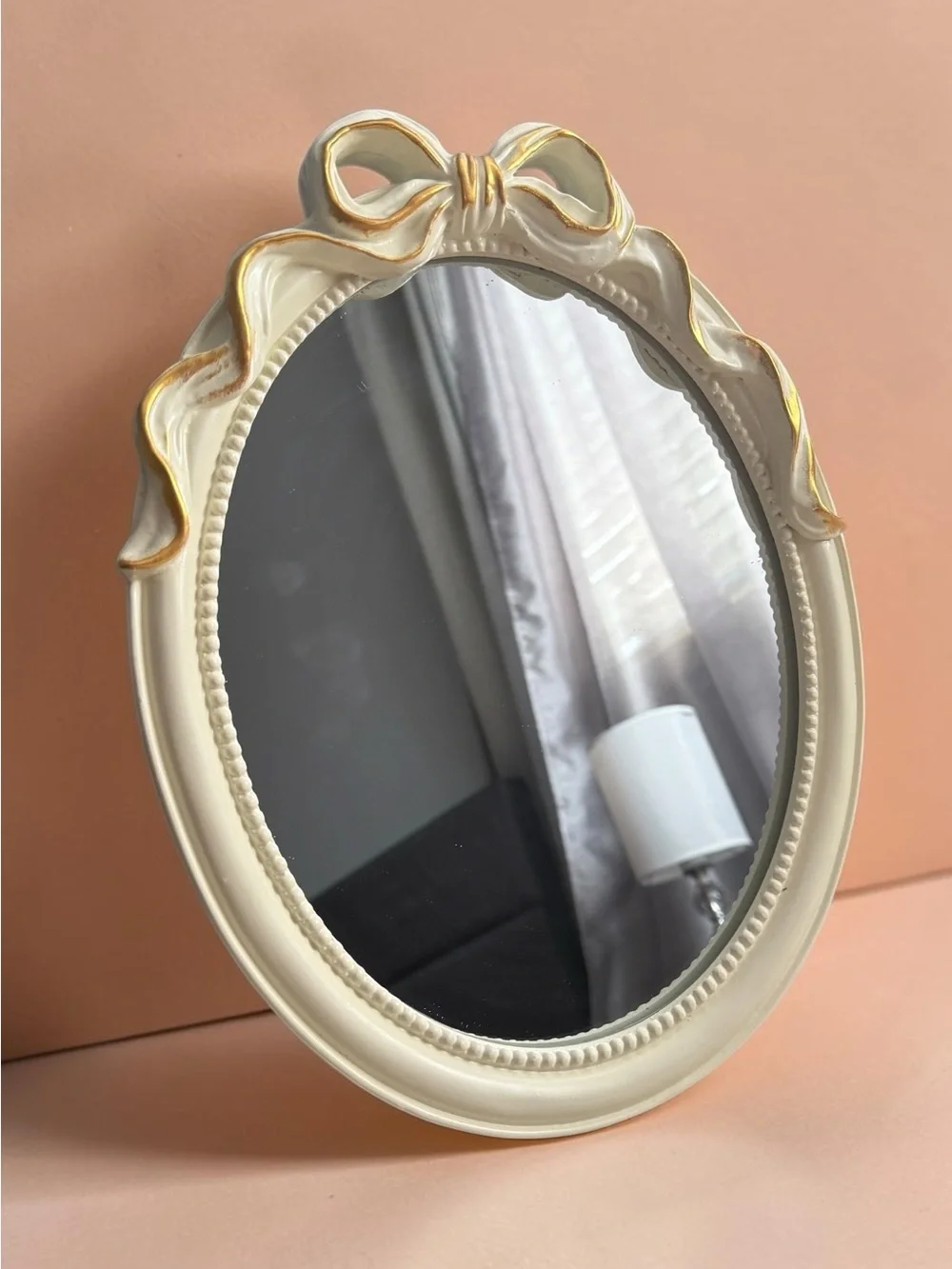 Elegant Vintage Cream and Gold Bow Oval Wall Mirror 12in*9in